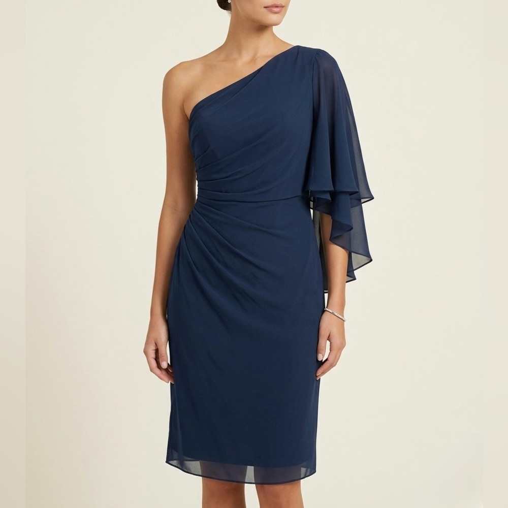 TADASHI SHOJI Navy Draped One Shoulder Chiffon Cocktail Dress 8